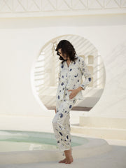 Shirt Collar Printed Satin Night Suit - SanskrutiHomes 