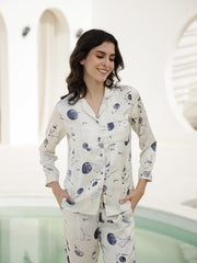 Shirt Collar Printed Satin Night Suit - SanskrutiHomes 
