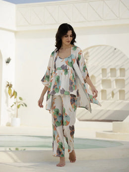 Set of 3 Floral Printed Satin Night Suit Set - SanskrutiHomes 