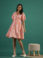 Floral Printed Cotton Ethnic Dress - SanskrutiHomes 