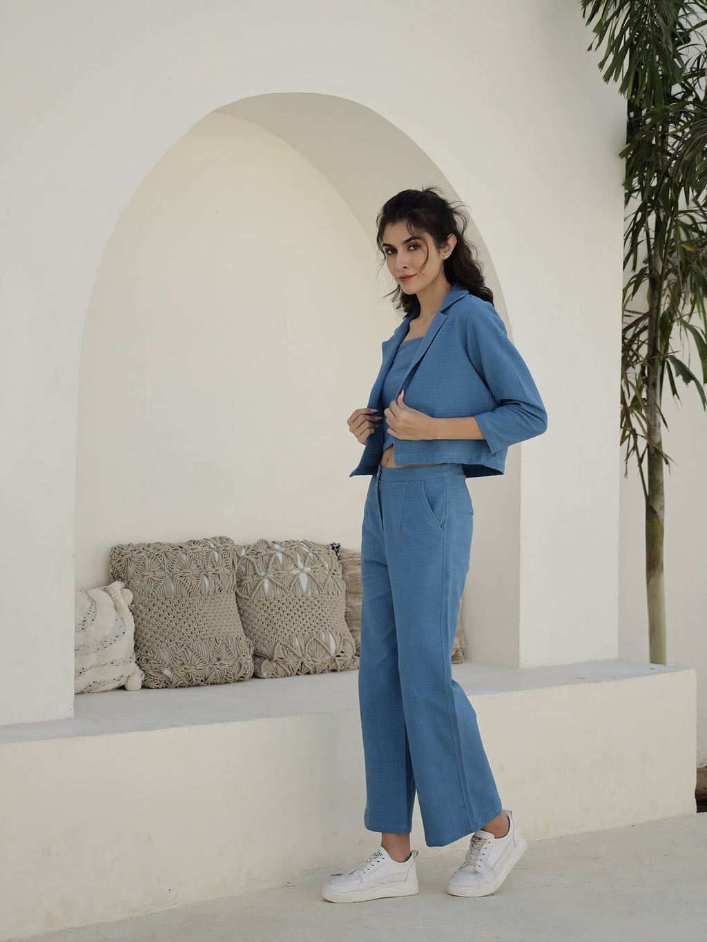 Set of 3 Blue Solid Print Co-ords Set - SanskrutiHomes 