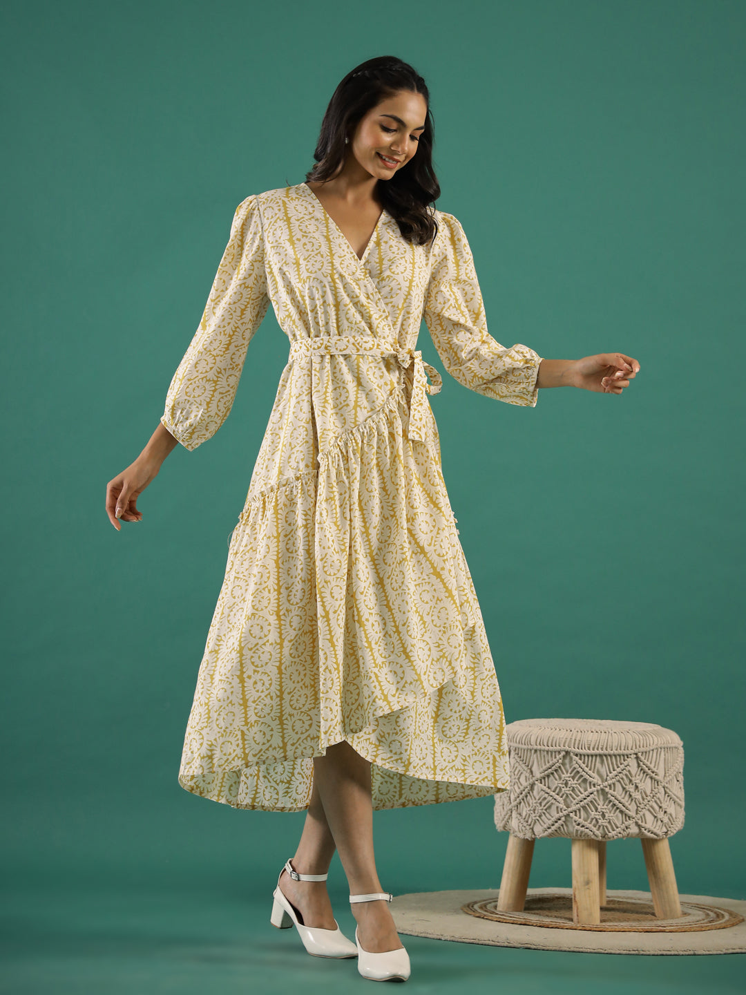 Printed Cotton Midi Ethnic Dress - SanskrutiHomes 