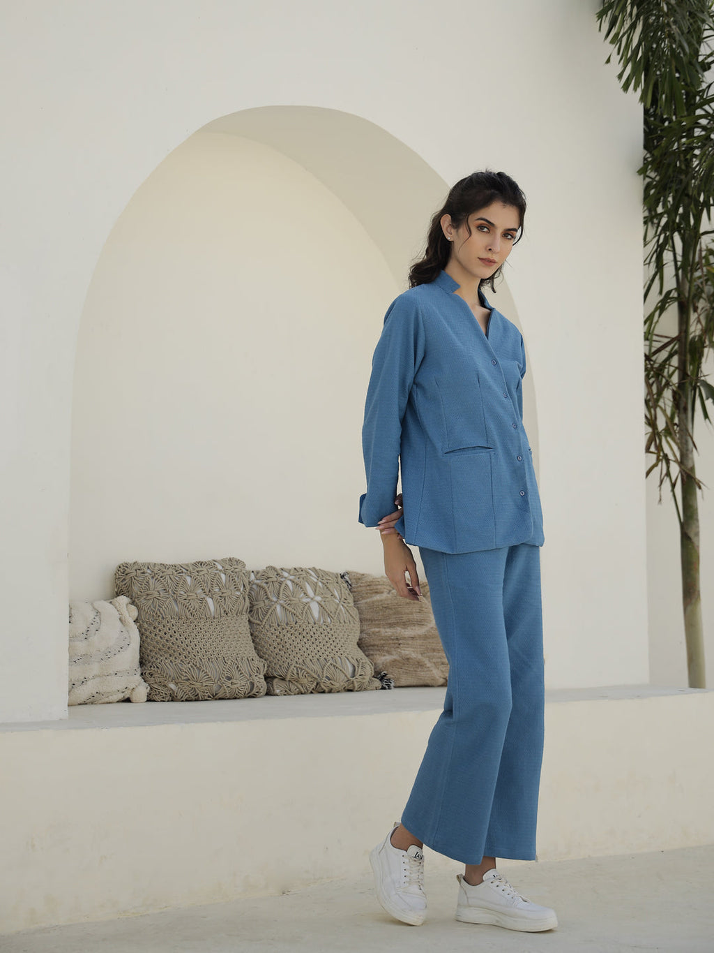 Blue Solid Print Jacket for Women - SanskrutiHomes 