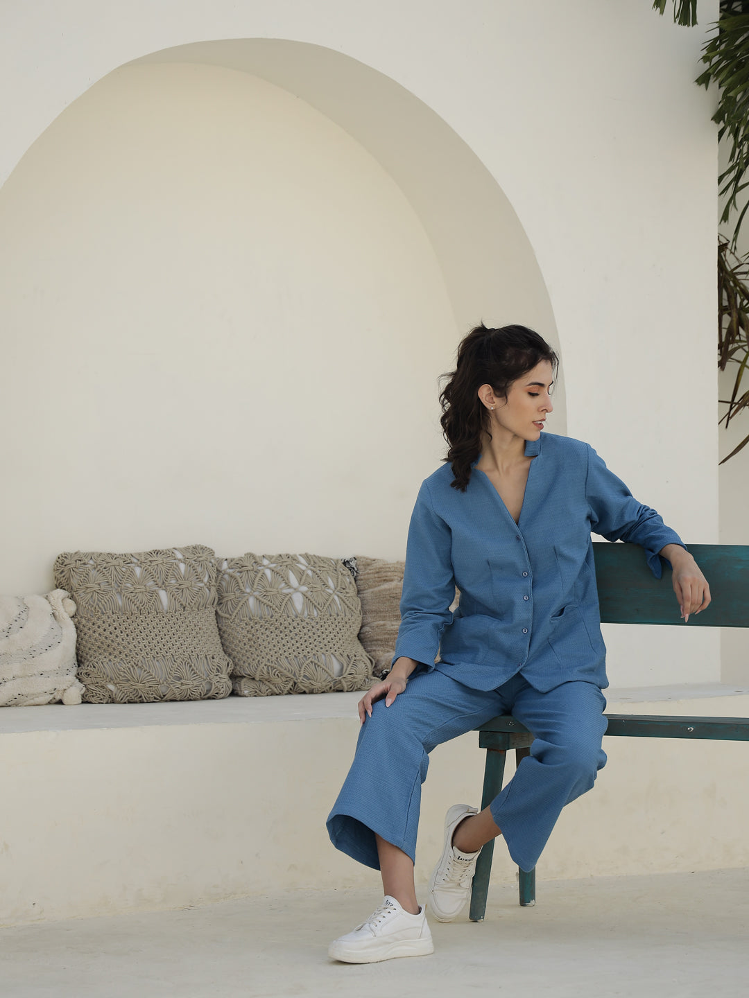 Blue Solid Print Jacket for Women - SanskrutiHomes 