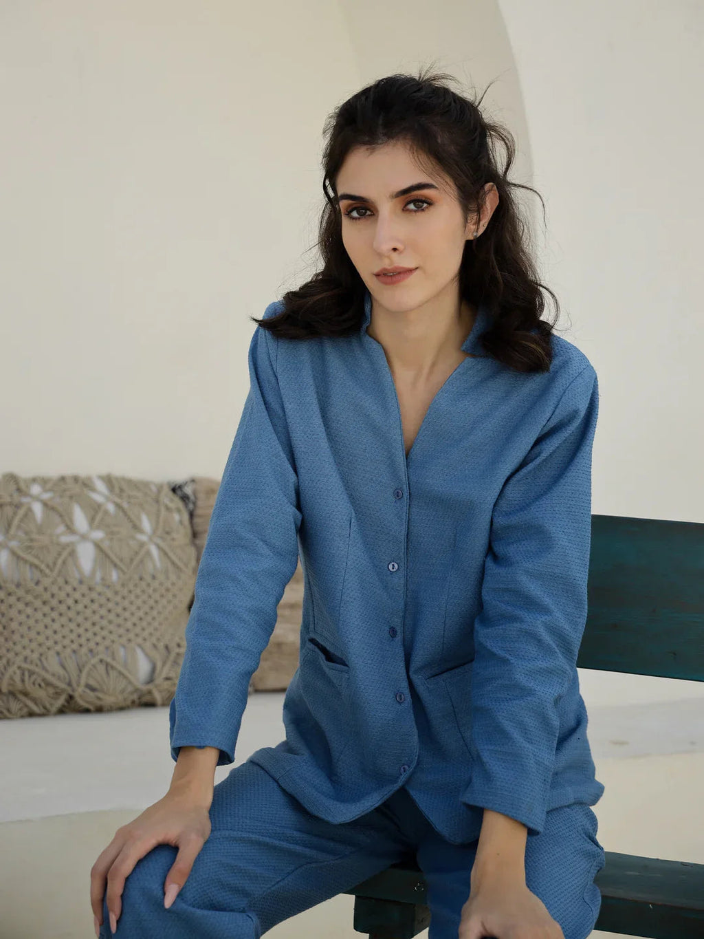 Blue Solid Print Jacket for Women - SanskrutiHomes 