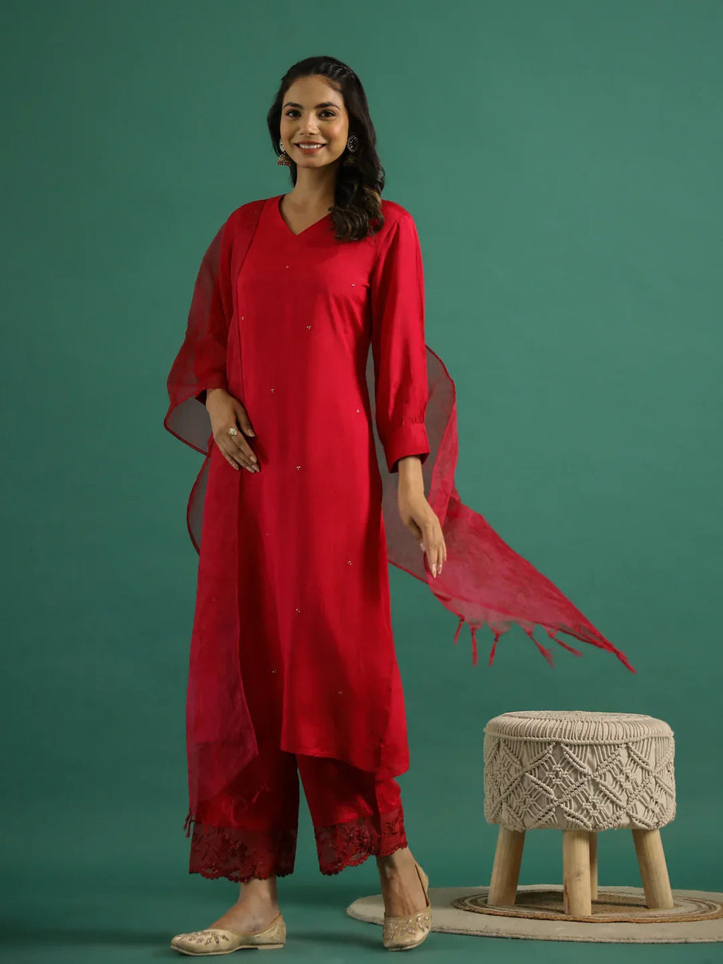 V-Neck Sequinned Straight Red Kurta with Trousers - SanskrutiHomes 