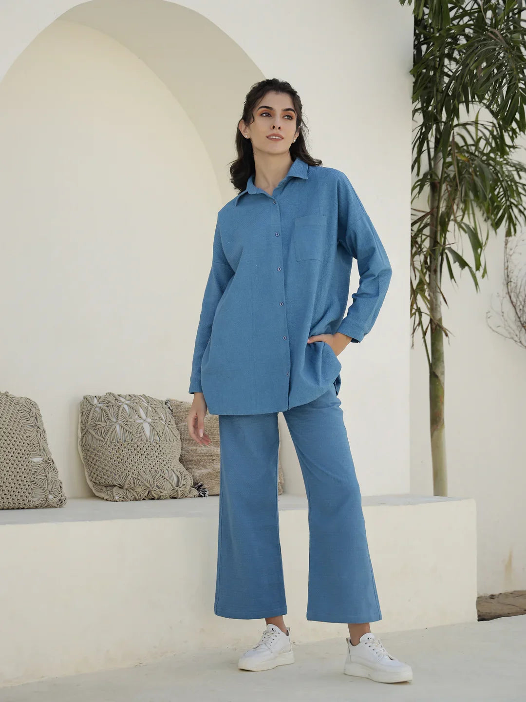 Blue Solid Print Co-ords Set for Women - SanskrutiHomes 