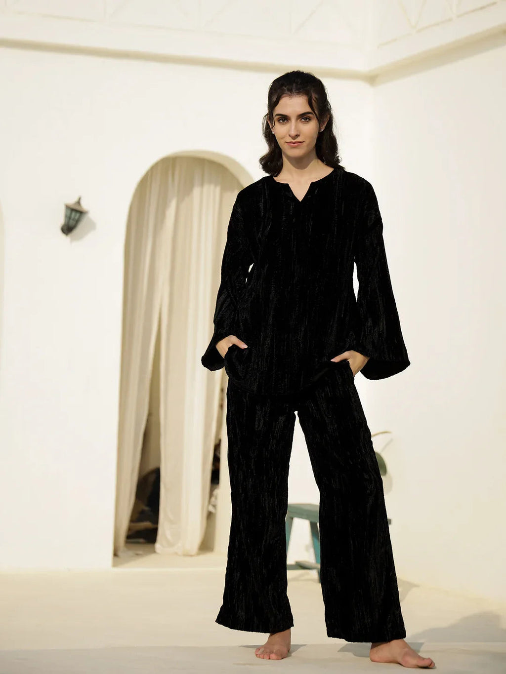 Black Crush Velvet Night Suit for Women - SanskrutiHomes 