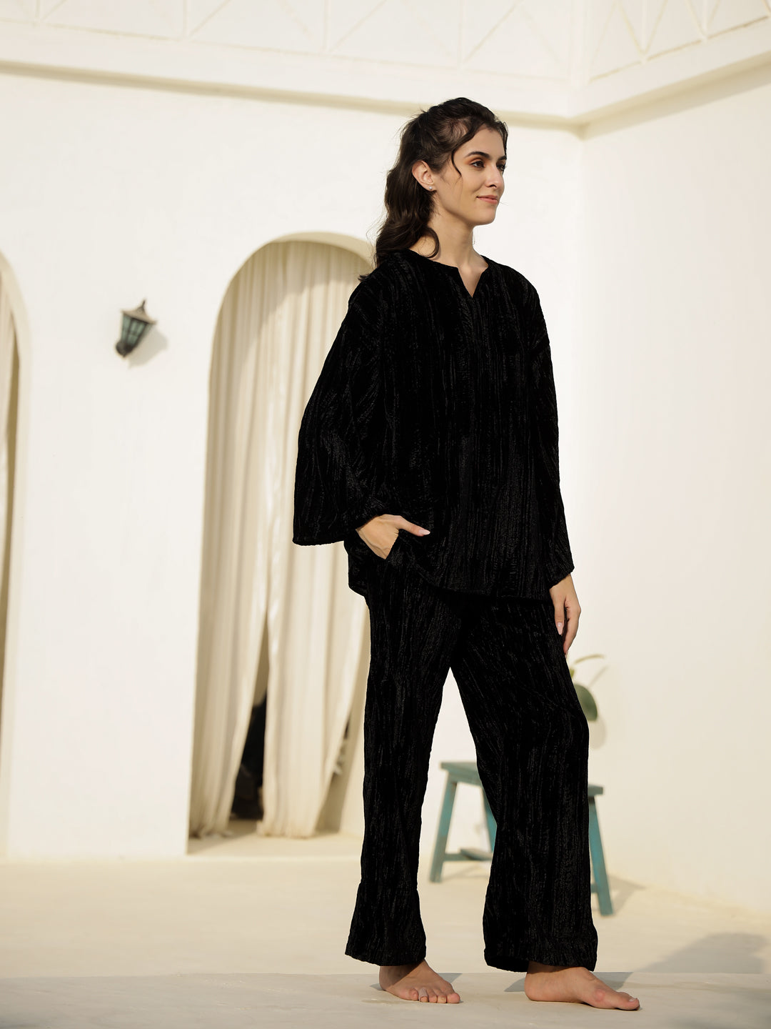 Black Crush Velvet Night Suit for Women - SanskrutiHomes 