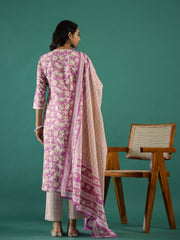 Pink Cotton Kurta Set with Dupatta - SanskrutiHomes 