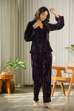 Wine Crushed Velvet Night Set - SanskrutiHomes 