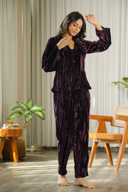 Wine Crushed Velvet Night Set - SanskrutiHomes 