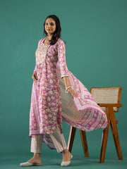Pink Cotton Kurta Set with Dupatta - SanskrutiHomes 