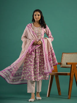 Pink Cotton Kurta Set with Dupatta - SanskrutiHomes 