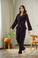 Wine Crushed Velvet Night Set - SanskrutiHomes 