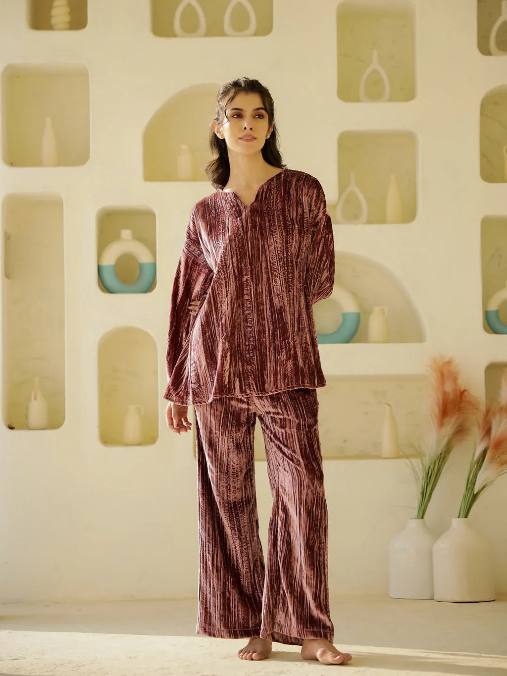 Flamingo crush velvet Night Suit for Women - SanskrutiHomes 