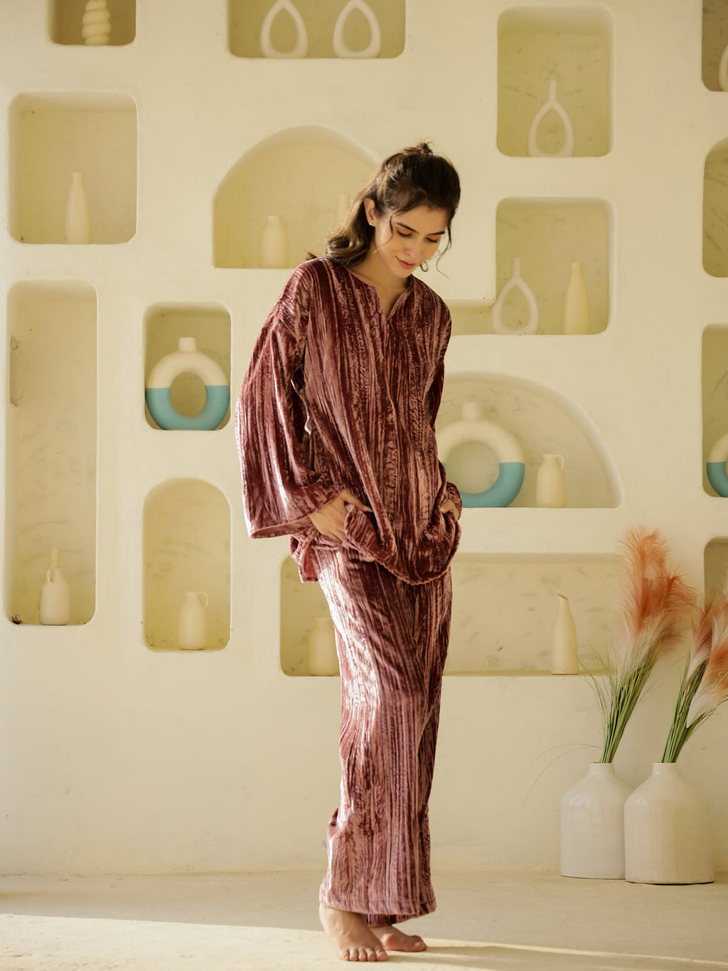 Flamingo crush velvet Night Suit for Women - SanskrutiHomes 