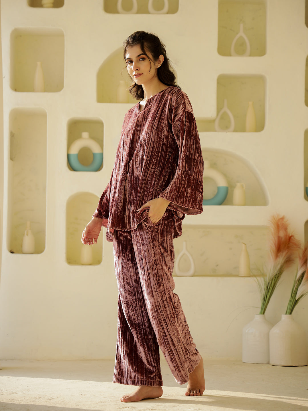 Flamingo crush velvet Night Suit for Women - SanskrutiHomes 