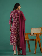 Floral Printed V-Neck Pure Cotton Anarkali Kurta With Trousers & Dupatta - SanskrutiHomes 