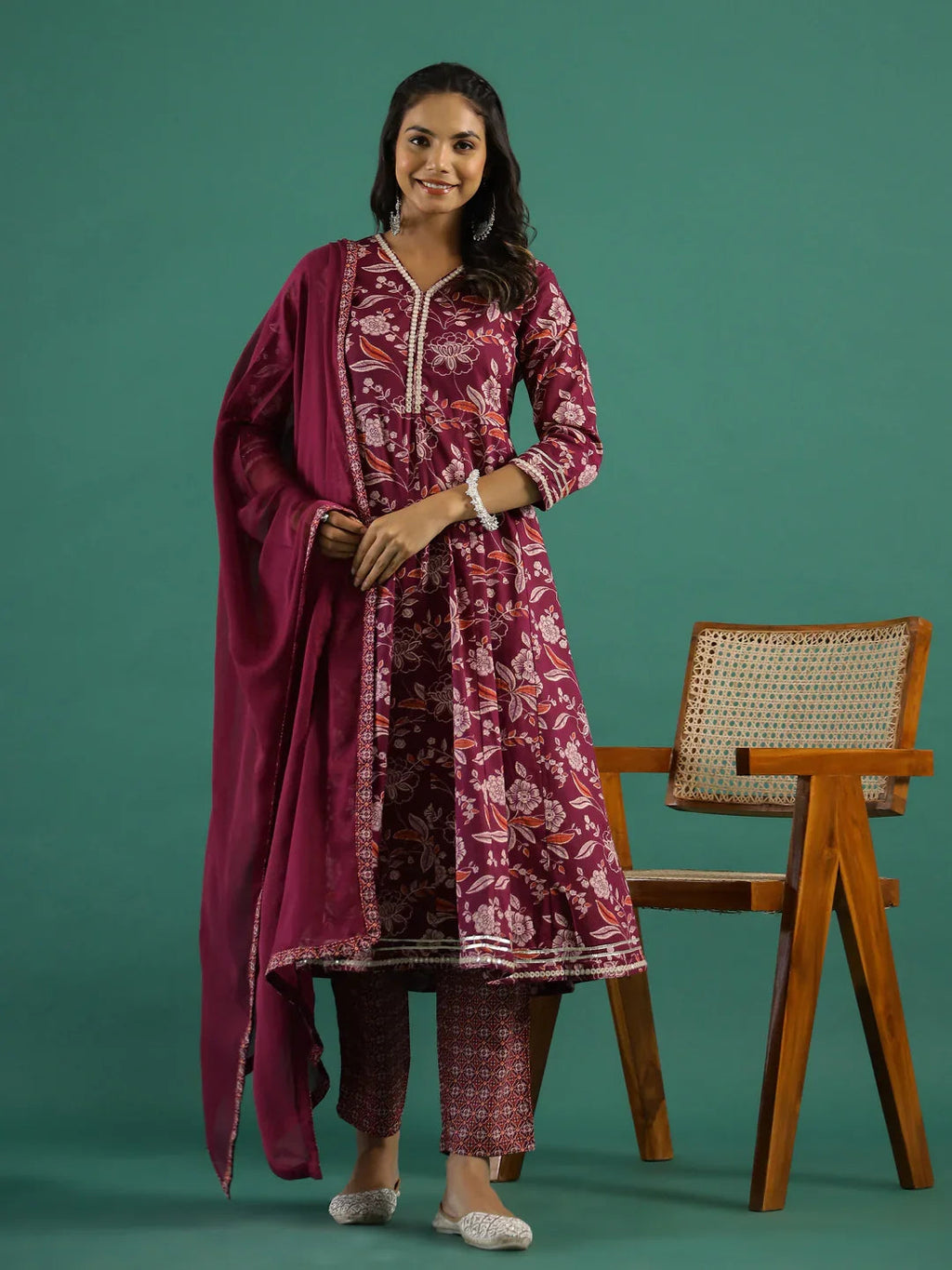 Floral Printed V-Neck Pure Cotton Anarkali Kurta With Trousers & Dupatta - SanskrutiHomes 