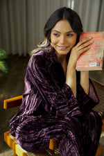 Wine Crushed Velvet Night Set - SanskrutiHomes 