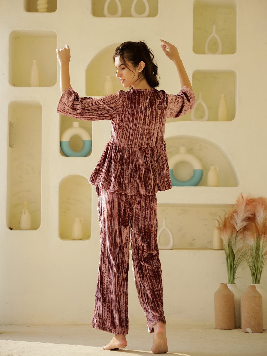 Pink Crush Velvet Night Suit for Women - SanskrutiHomes 