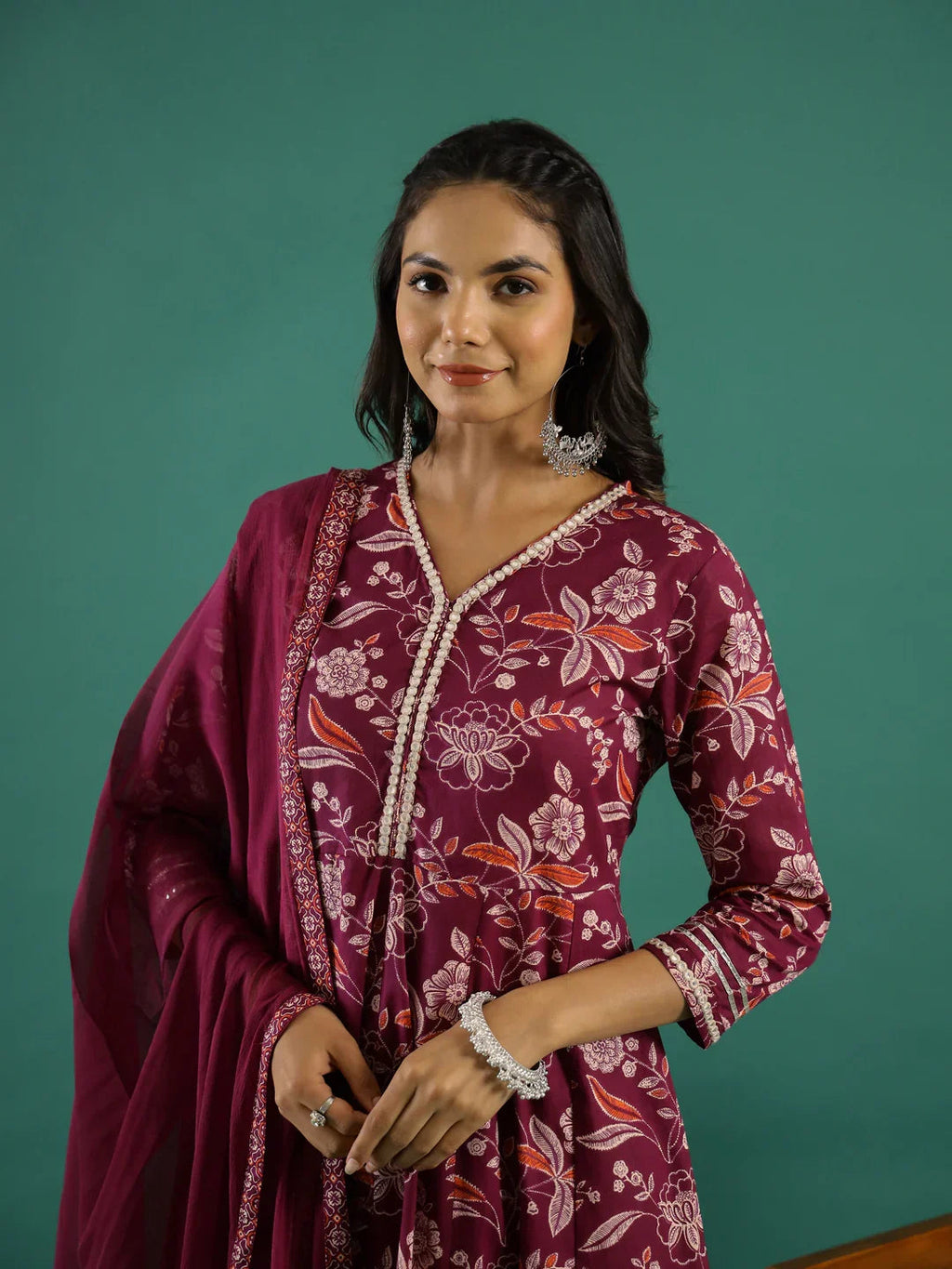 Floral Printed V-Neck Pure Cotton Anarkali Kurta With Trousers & Dupatta - SanskrutiHomes 