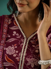 Floral Printed V-Neck Pure Cotton Anarkali Kurta With Trousers & Dupatta - SanskrutiHomes 