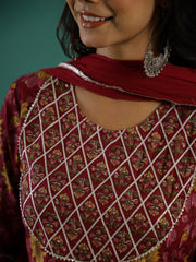 Maroon Pure Cotton Round Neck Printed Kurta Set for Women - SanskrutiHomes 