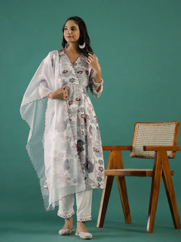 Floral Printed V-Neck Cotton Kurta Set - SanskrutiHomes 