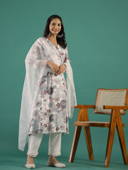 Floral Printed V-Neck Cotton Kurta Set - SanskrutiHomes 