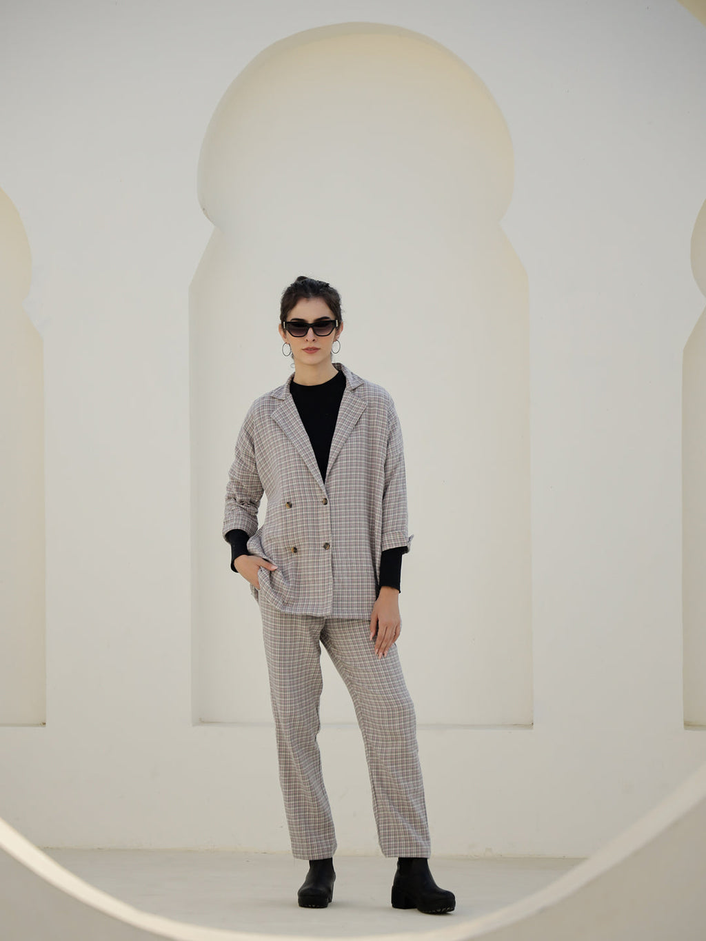 Grey Color Cashmere Strips Printed Lapel Collar Co-ords Set - SanskrutiHomes 