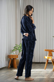 Navy Blue Solid Round Neck Crushed Velvet Night Suit For Women