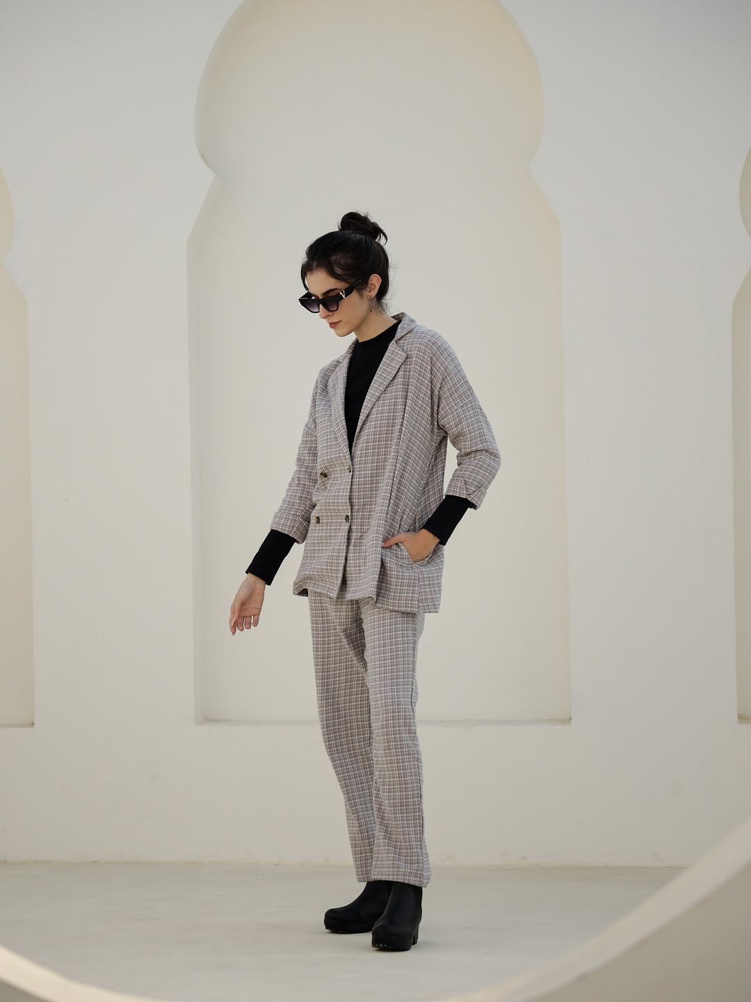 Grey Color Cashmere Strips Printed Lapel Collar Co-ords Set - SanskrutiHomes 