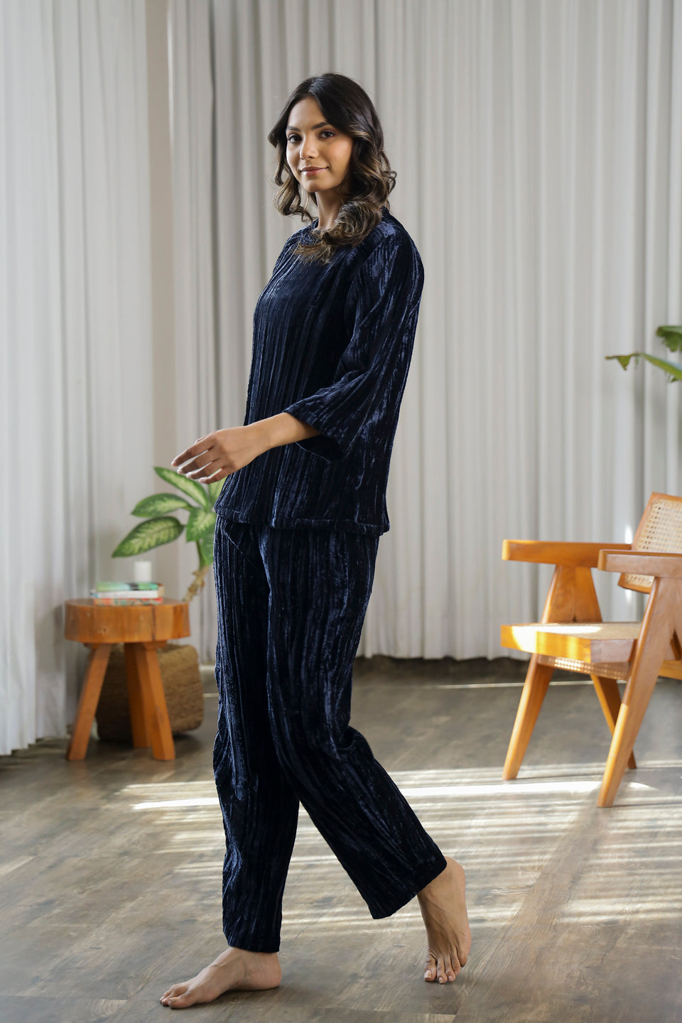 Navy Blue Crushed Velvet Night Suit - SanskrutiHomes 