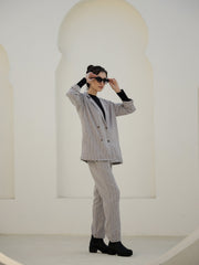 Grey Color Cashmere Strips Printed Lapel Collar Co-ords Set - SanskrutiHomes 