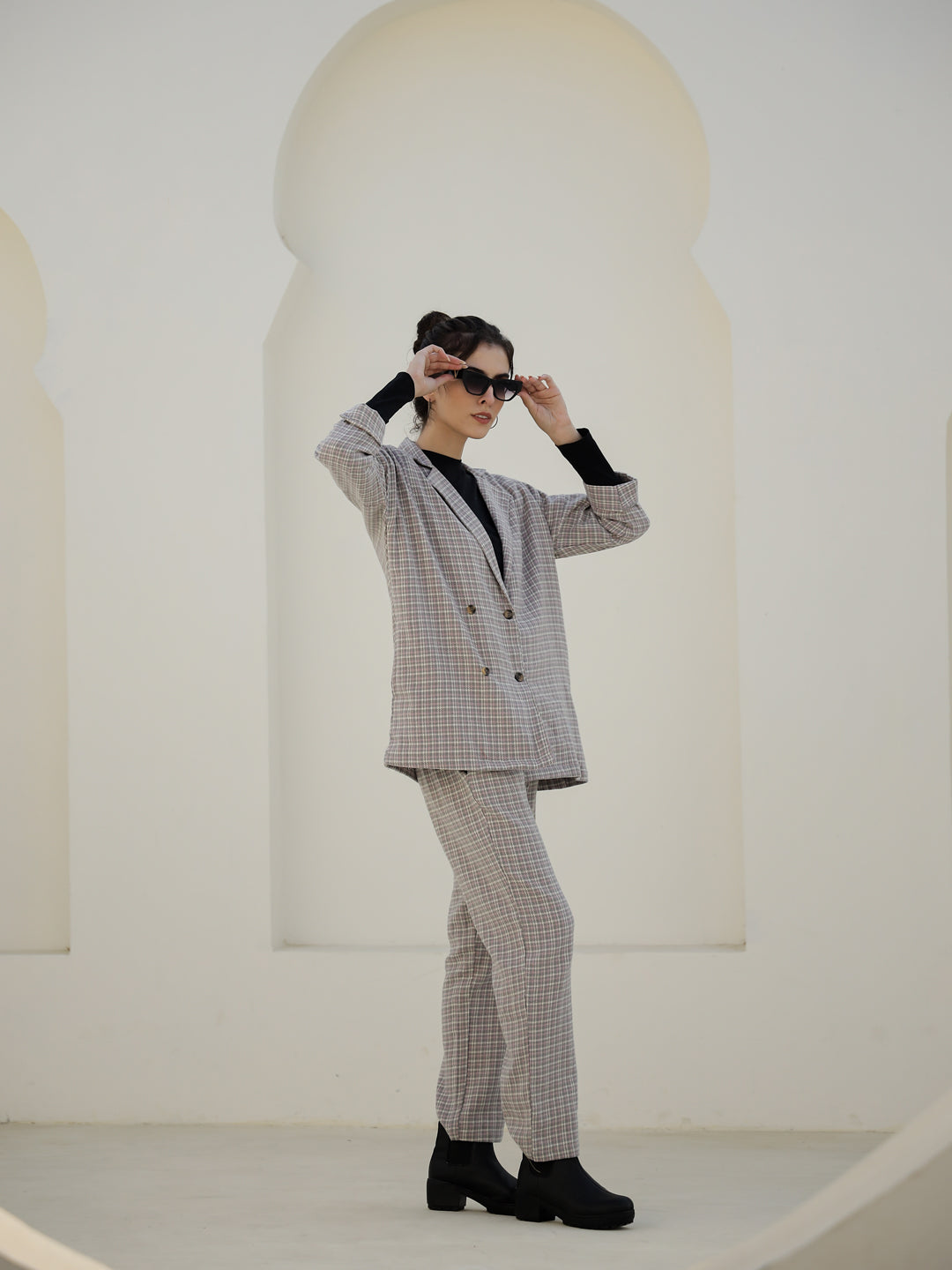 Grey Color Cashmere Strips Printed Lapel Collar Co-ords Set - SanskrutiHomes 