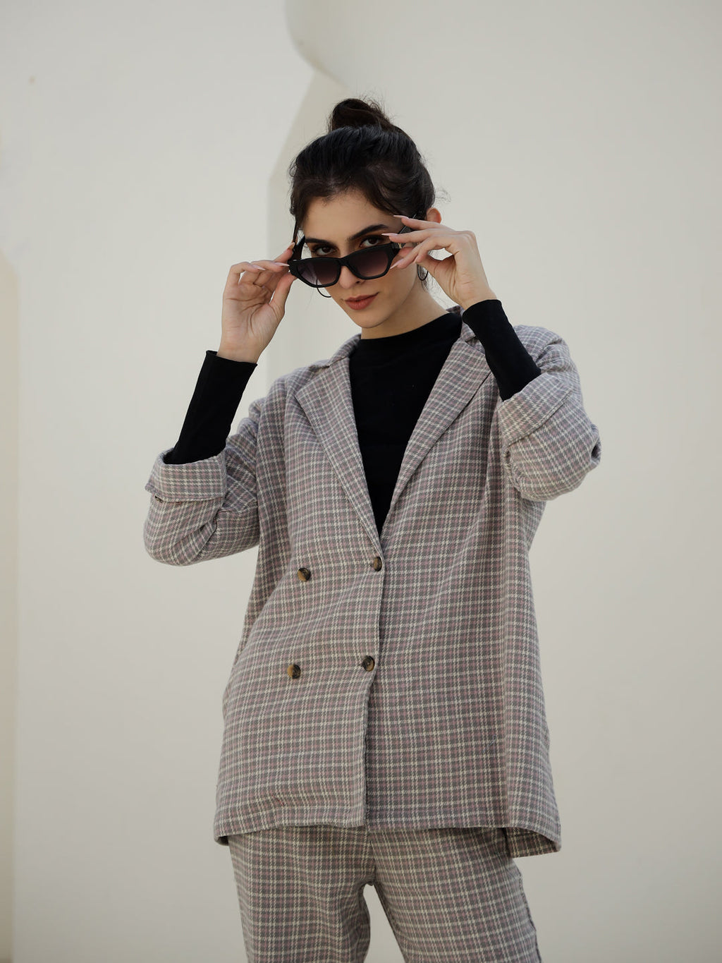 Grey Color Cashmere Strips Printed Lapel Collar Co-ords Set - SanskrutiHomes 