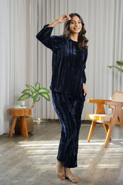 Navy Blue Solid Round Neck Crushed Velvet Night Suit For Women