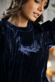Navy Blue Solid Round Neck Crushed Velvet Night Suit For Women