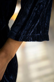 Navy Blue Solid Round Neck Crushed Velvet Night Suit For Women