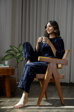 Navy Blue Crushed Velvet Night Suit - SanskrutiHomes 