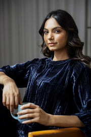 Navy Blue Solid Round Neck Crushed Velvet Night Suit For Women