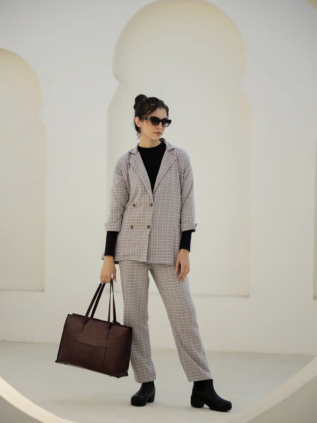 Grey Color Cashmere Strips Printed Lapel Collar Co-ords Set - SanskrutiHomes 