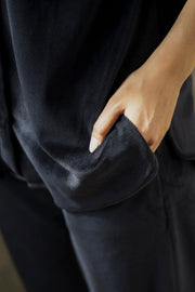 Black Shirt Collar Solid Velvet Night Suit For Women