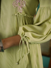 Lime Green Embellished Shirt Collar Cotton Blend Kurta Set for Women - SanskrutiHomes 