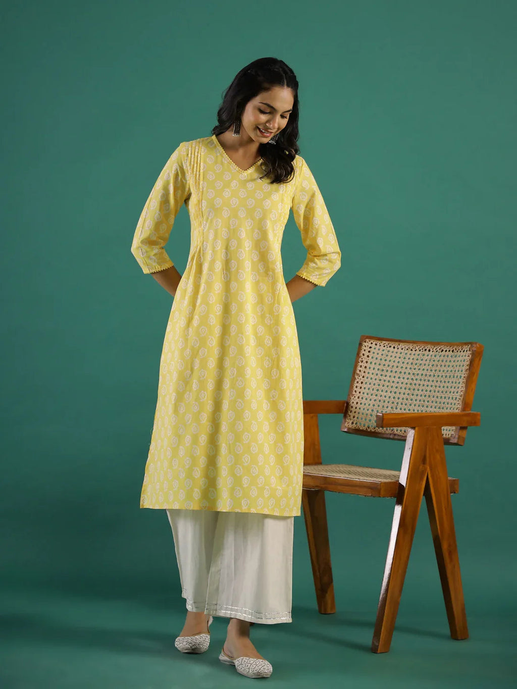 Summer yellow Cotton Printed kurta - SanskrutiHomes 