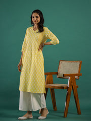 Summer yellow Cotton Printed kurta - SanskrutiHomes 