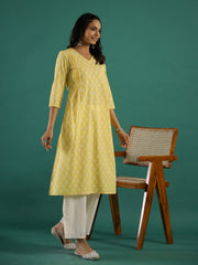 Summer yellow Cotton Printed kurta - SanskrutiHomes 