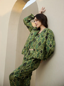 Set of 3 Green Printed Quilted Co-ords Set - SanskrutiHomes 
